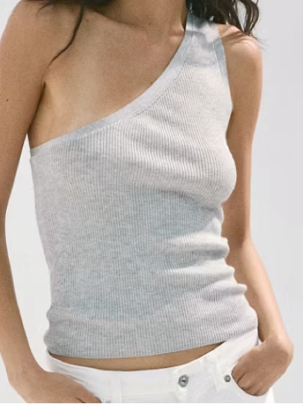 Mango One-Shoulder Ribbed Knit Top - Light Gray ASYMMETRICAL RIBBED TOP 2530